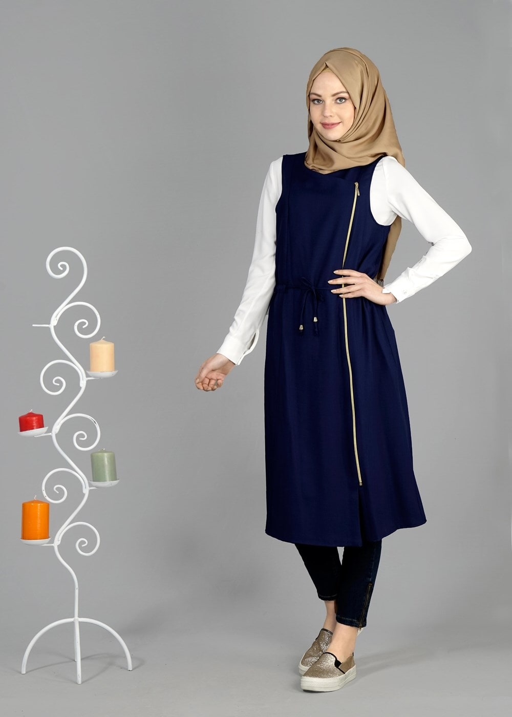 Tesettür giyim LACİVERT T 8365 ModaBu Fermuar Detaylı Yelek