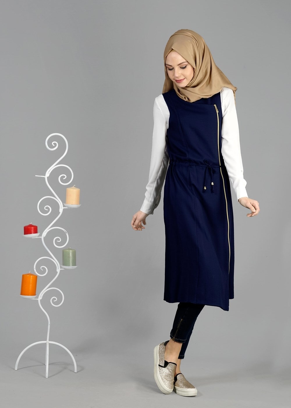 Tesettür giyim LACİVERT T 8365 ModaBu Fermuar Detaylı Yelek