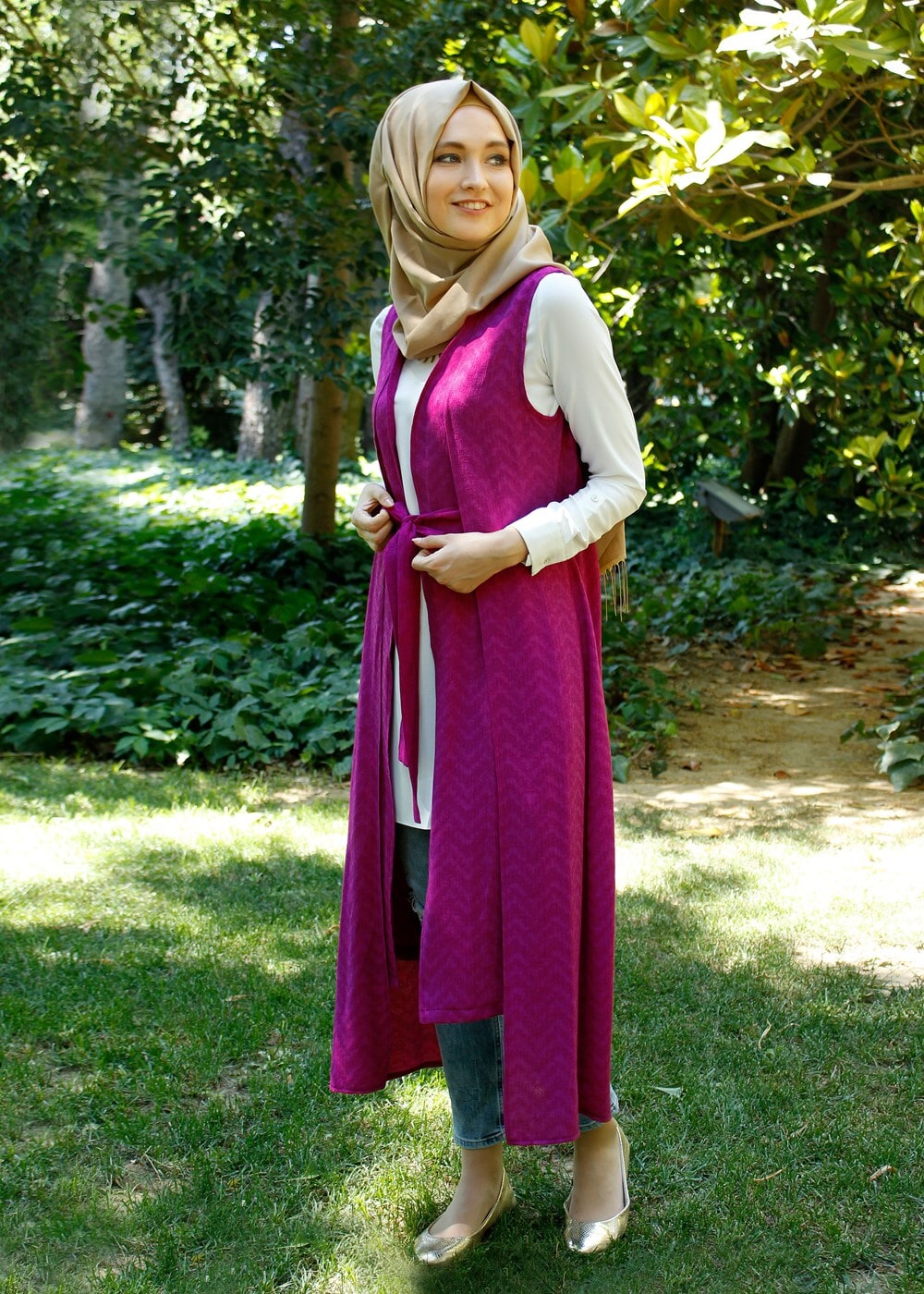 Tesettür giyim FUŞYA T 8370 ModaBu Kuşaklı Yelek