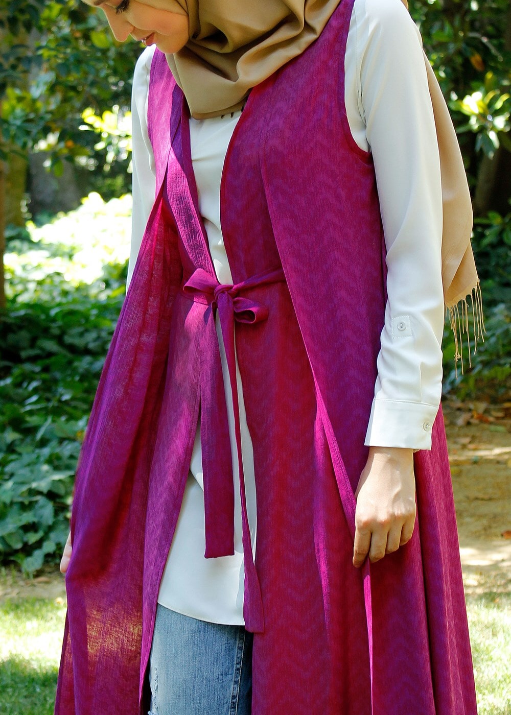 Tesettür giyim FUŞYA T 8370 ModaBu Kuşaklı Yelek