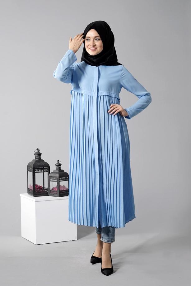Tesettür giyim  T 8371 ModaBu Piliseli Uzun Tunik - TRENDTESETTÜR