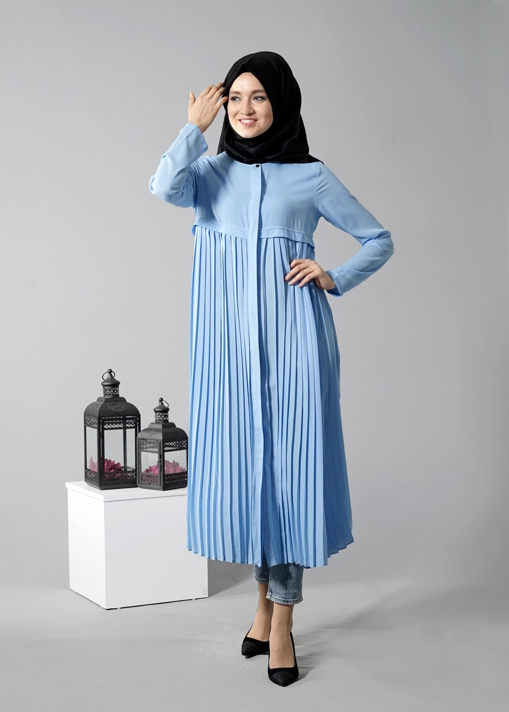 Tesettür giyim MAVİ T 8371 ModaBu Piliseli Uzun Tunik