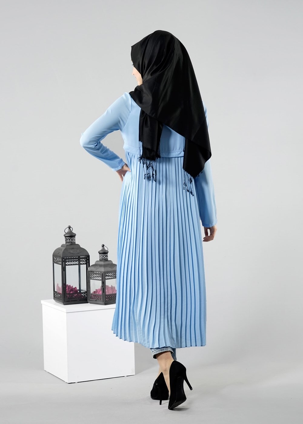 Tesettür giyim MAVİ T 8371 ModaBu Piliseli Uzun Tunik