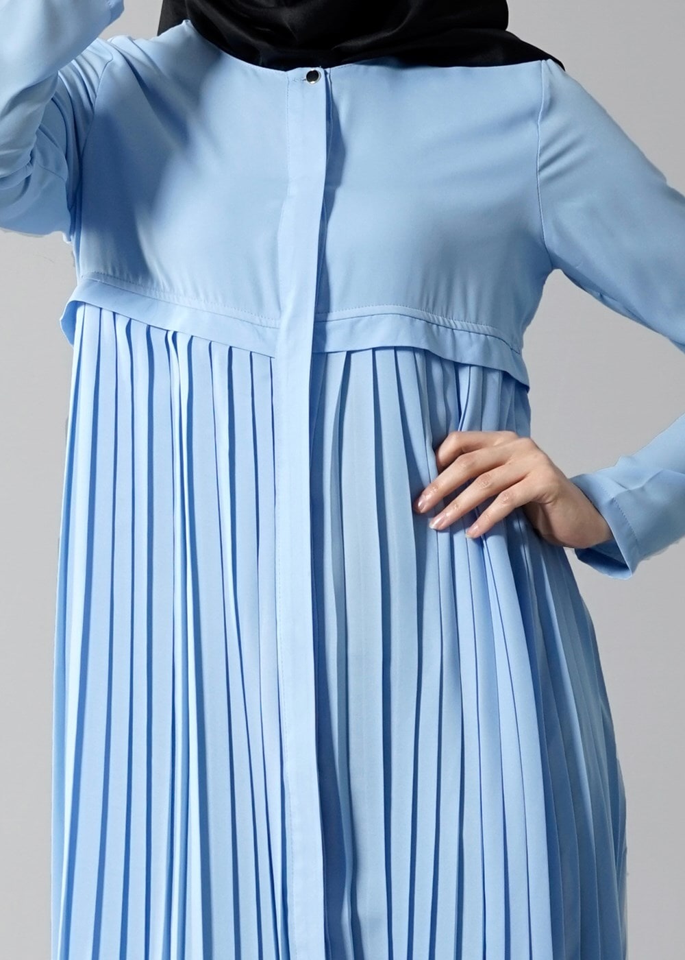 Tesettür giyim MAVİ T 8371 ModaBu Piliseli Uzun Tunik