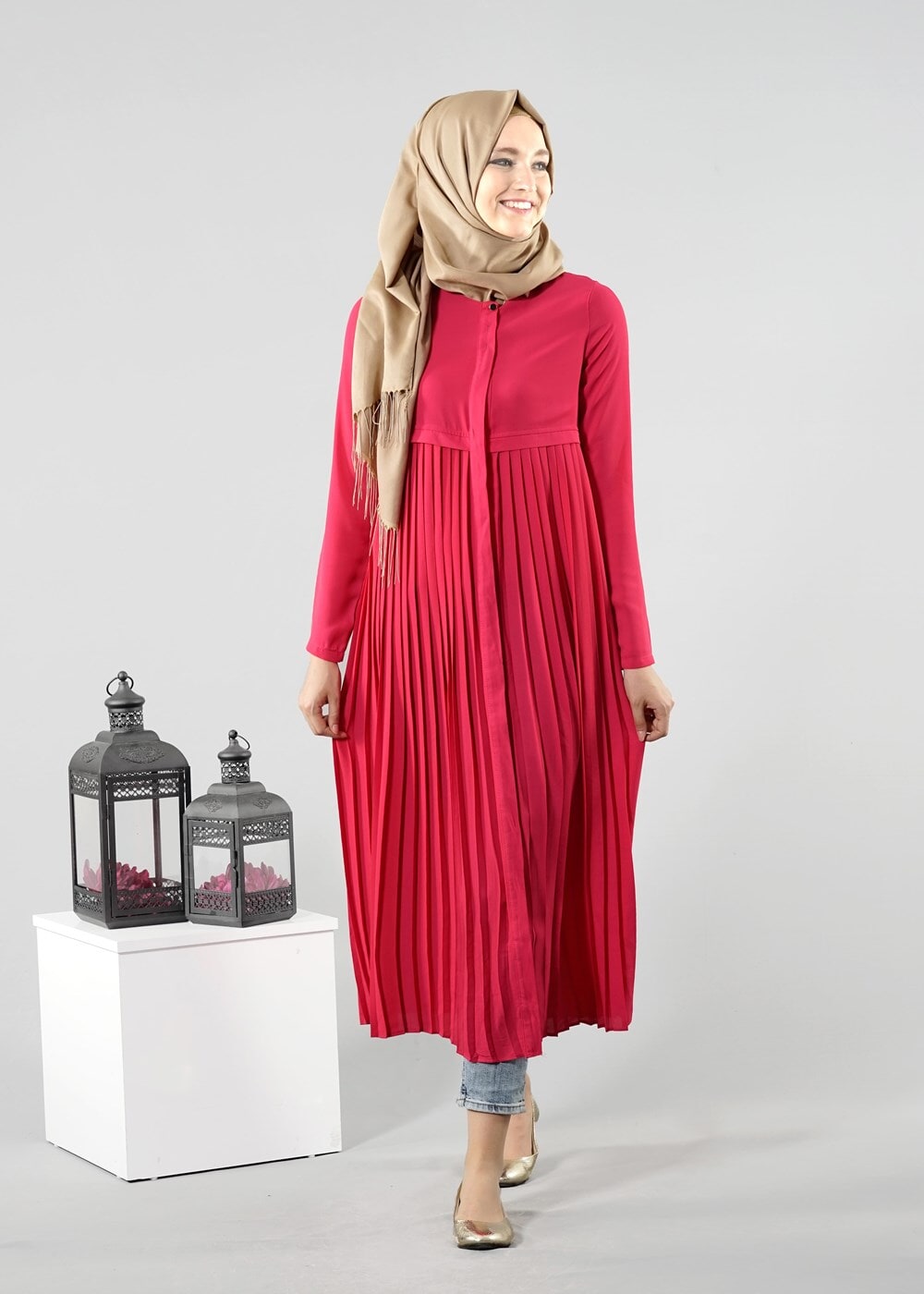 Tesettür giyim FUŞYA T 8371 ModaBu Piliseli Uzun Tunik