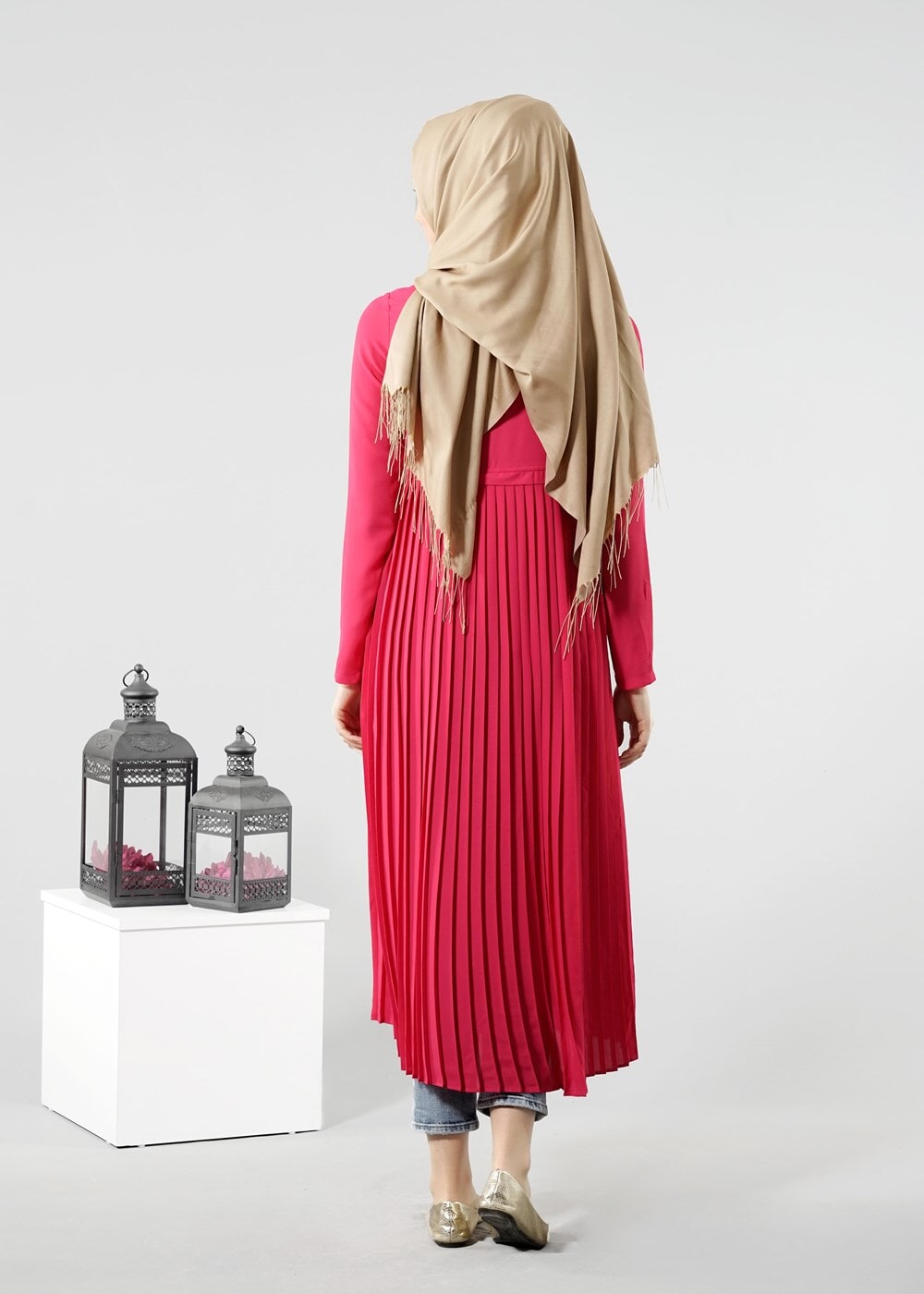 Tesettür giyim FUŞYA T 8371 ModaBu Piliseli Uzun Tunik