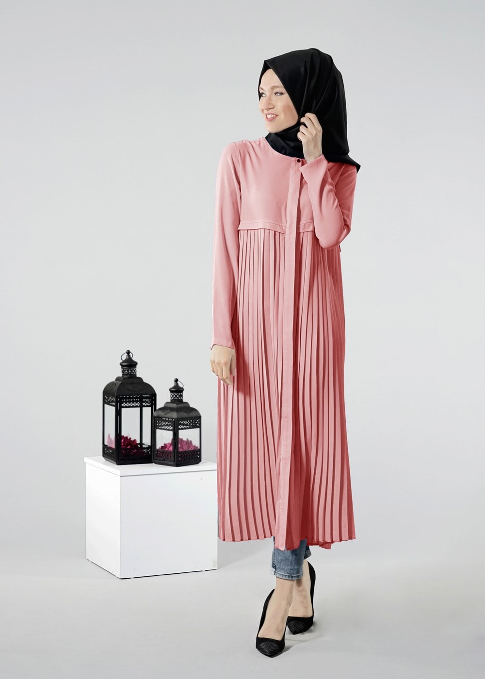 Tesettür giyim PUDRA T 8371 ModaBu Piliseli Uzun Tunik