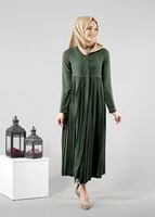 Tesettür giyim HAKİ T 8371 ModaBu Piliseli Uzun Tunik