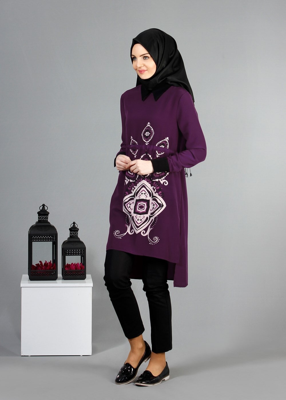 Tesettür giyim MOR T 1260-1 ModaBu Önü Baskılı Tunik