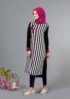 Tesettür giyim FUŞYA T 8342-1 ModaBu Aplik Nakışlı Fermuarlı Tunik