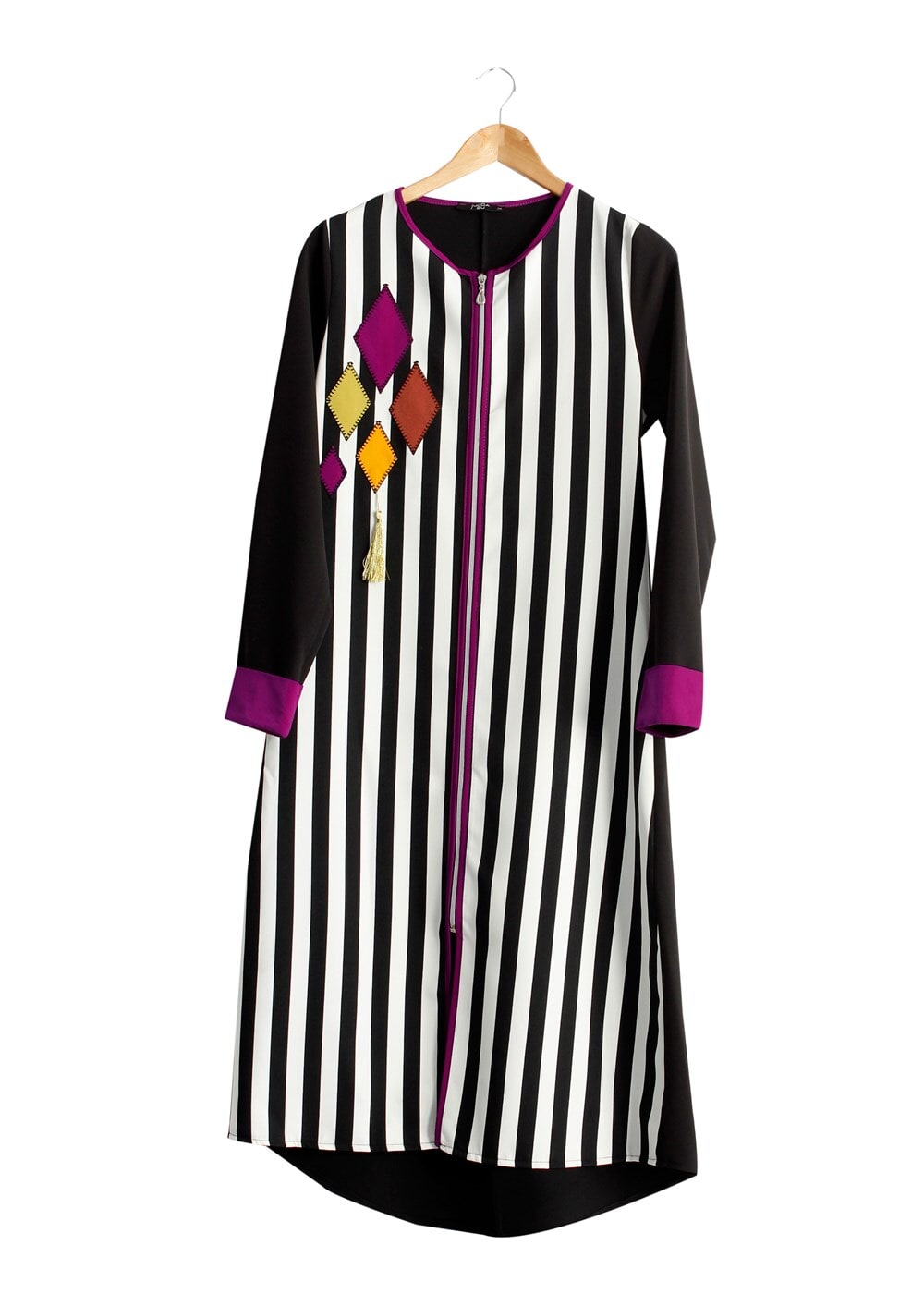 Tesettür giyim FUŞYA T 8342-1 ModaBu Aplik Nakışlı Fermuarlı Tunik