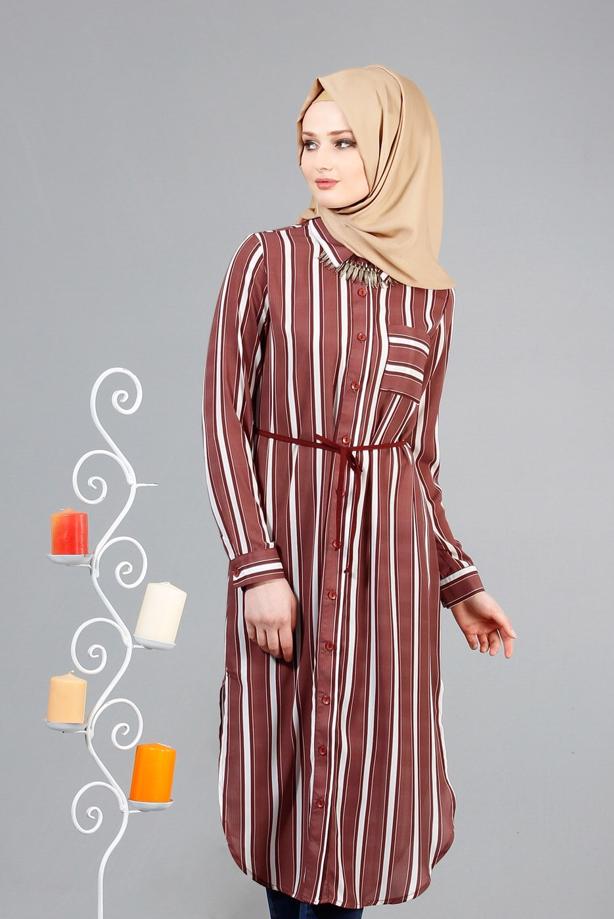 Vêtements hijab  T 7669 MG Collection-Gömlek Yaka Uzun Tunik - TRENDTESETTÜR