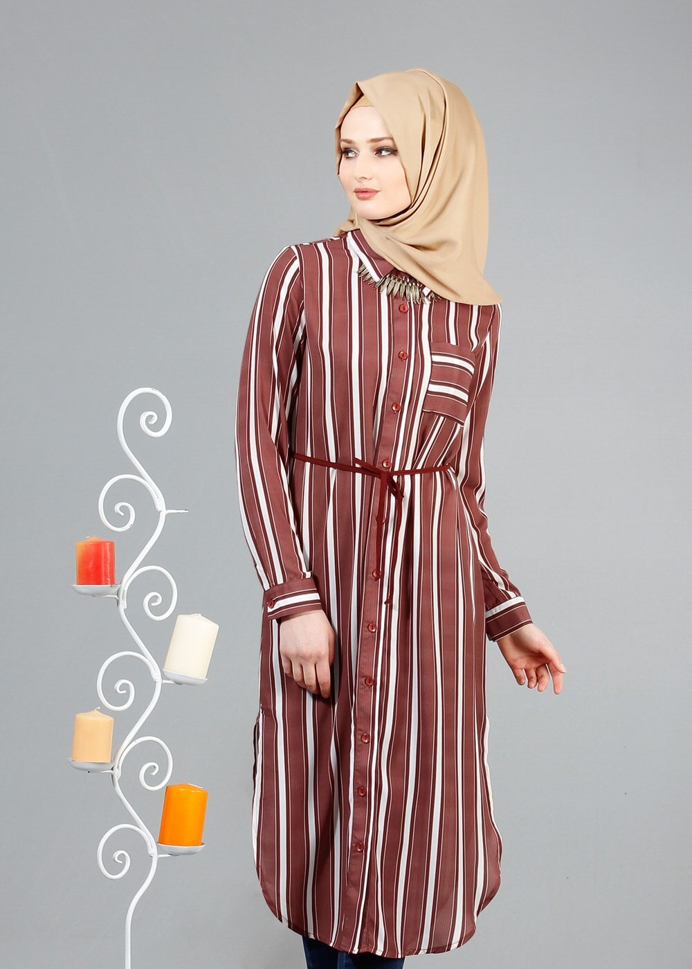 Vêtements hijab BRUN T 7669 MG Collection-Gömlek Yaka Uzun Tunik