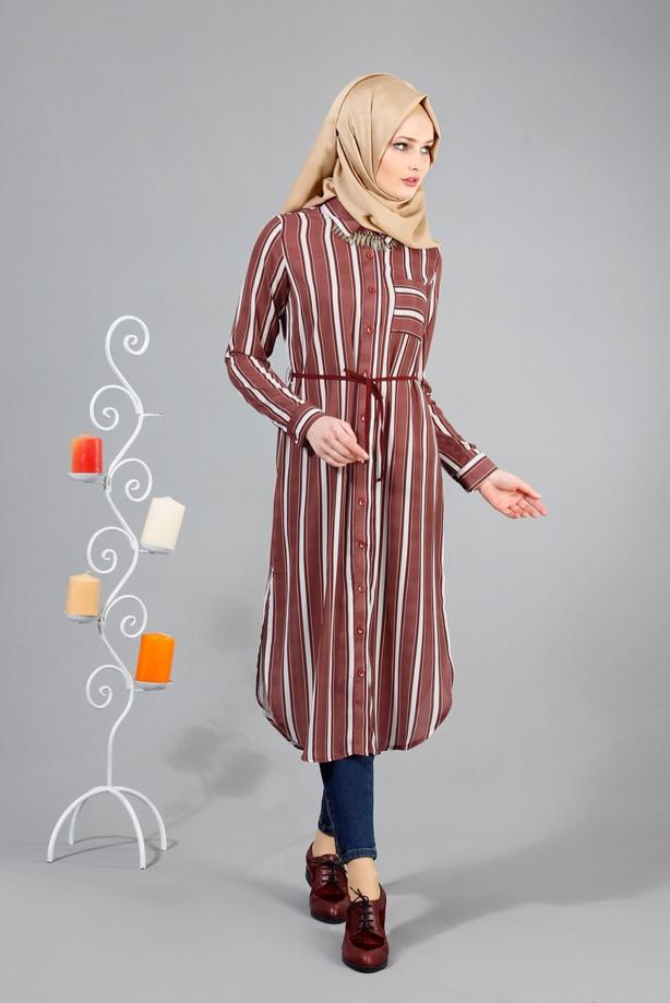 Vêtements hijab  T 7669 MG Collection-Gömlek Yaka Uzun Tunik - TRENDTESETTÜR