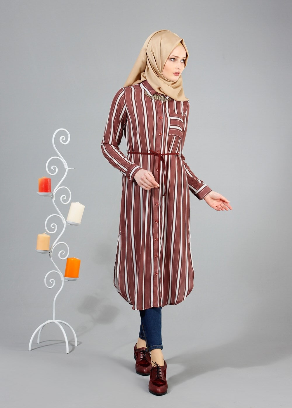 Vêtements hijab BRUN T 7669 MG Collection-Gömlek Yaka Uzun Tunik