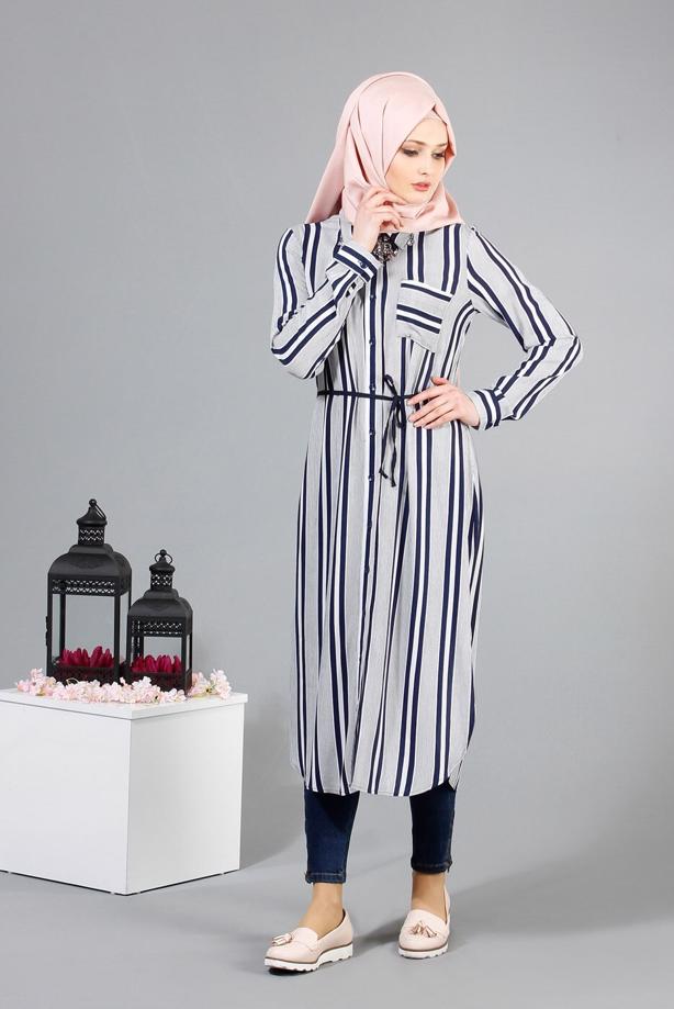Vêtements hijab  T 7669 MG Collection-Gömlek Yaka Uzun Tunik - TRENDTESETTÜR