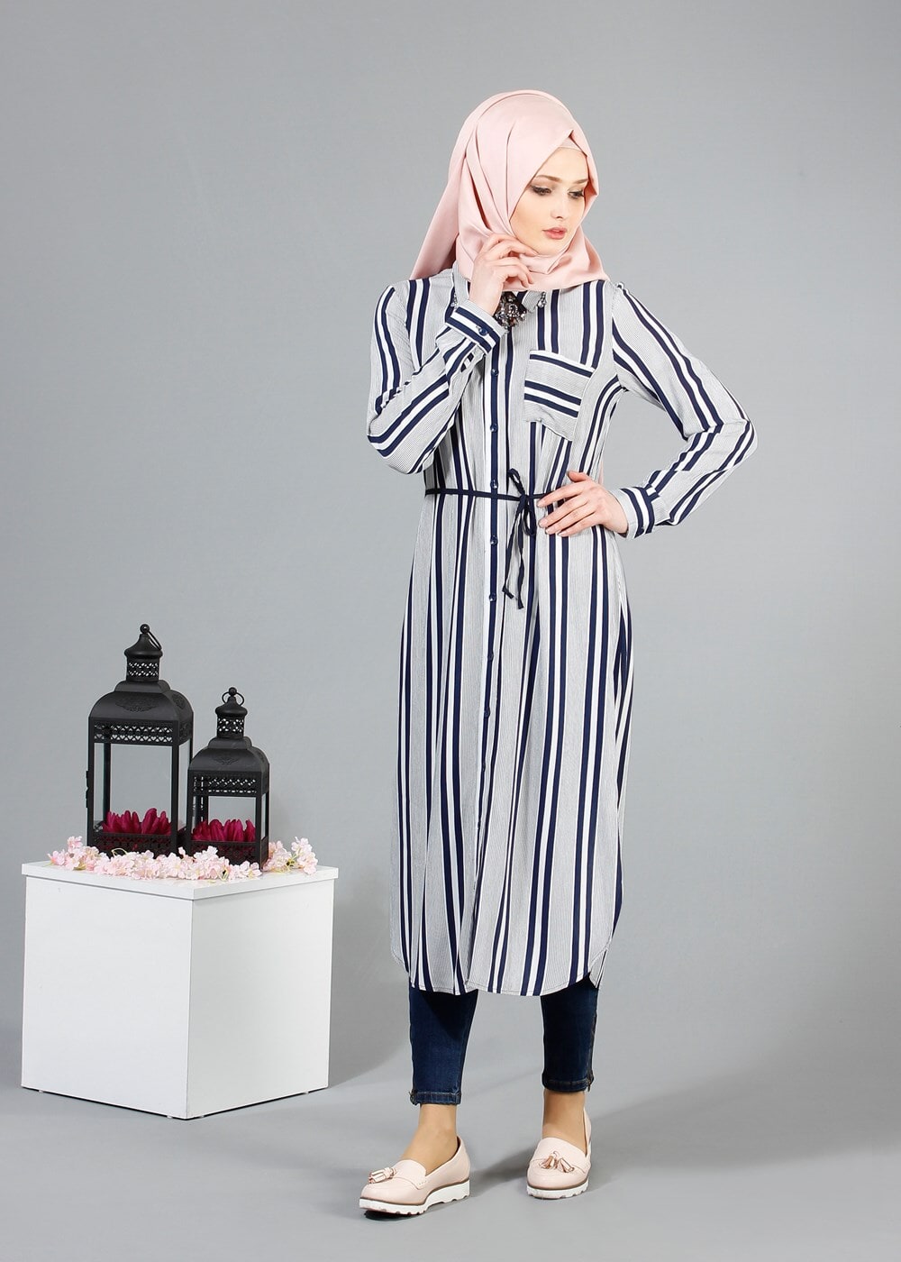 Vêtements hijab BLEU MARINE T 7669 MG Collection-Gömlek Yaka Uzun Tunik