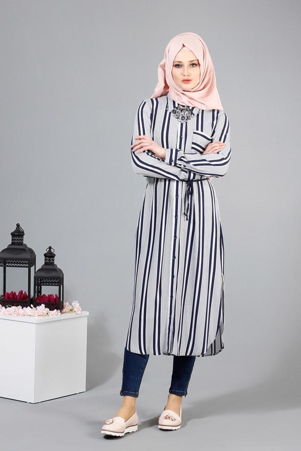 Vêtements hijab  T 7669 MG Collection-Gömlek Yaka Uzun Tunik - TRENDTESETTÜR