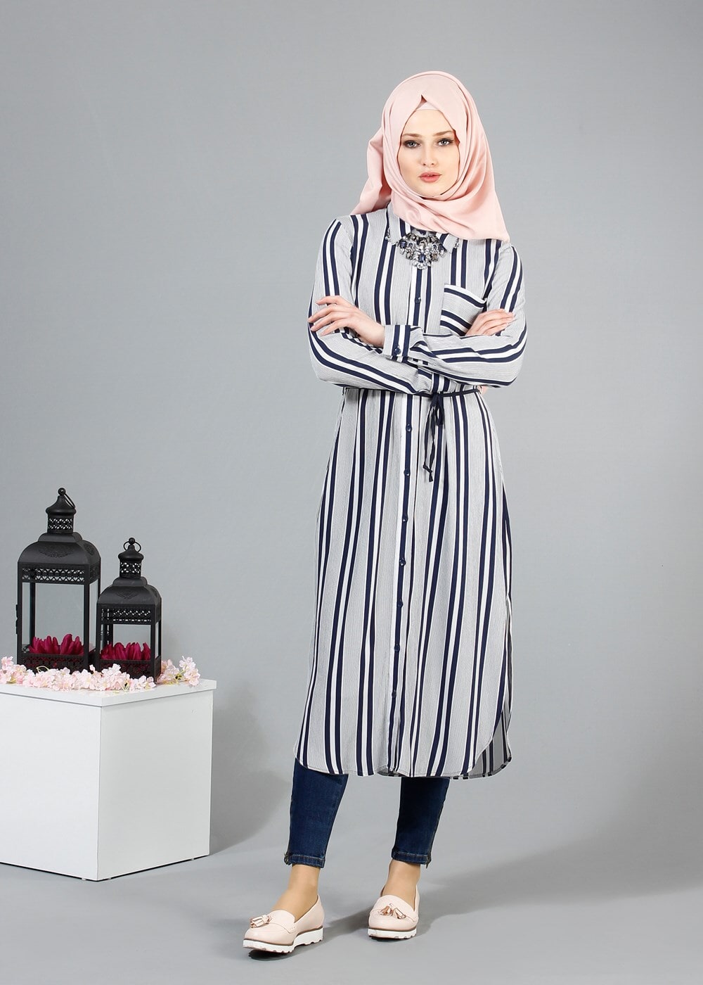 Vêtements hijab BLEU MARINE T 7669 MG Collection-Gömlek Yaka Uzun Tunik