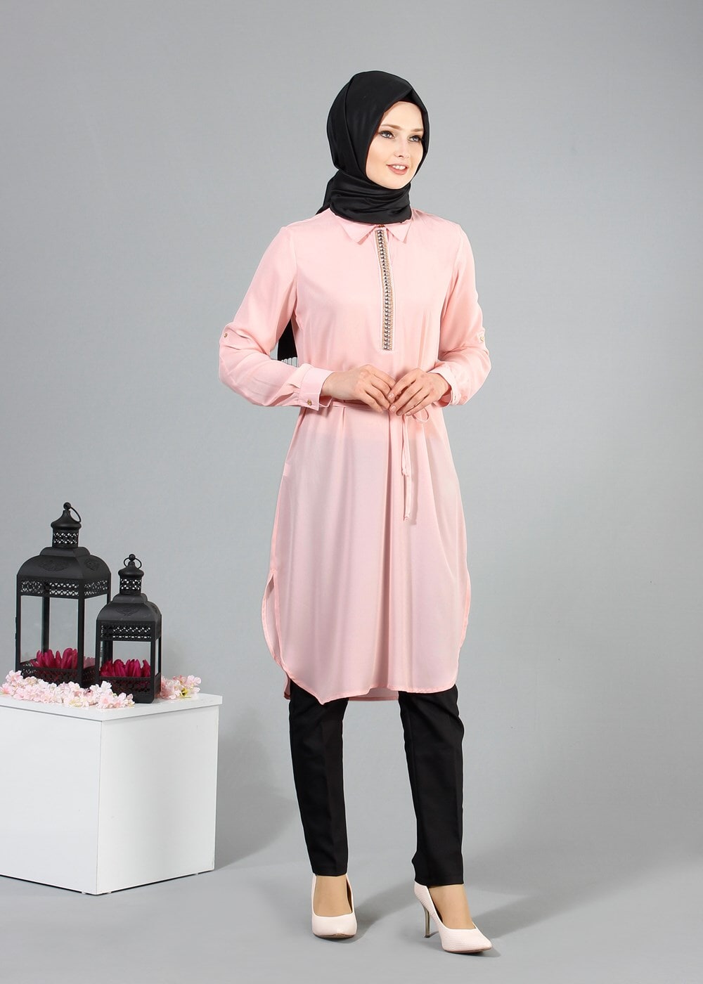 Hijab clothing POWDER T 7674 MG Collection-Apoletli Tunik