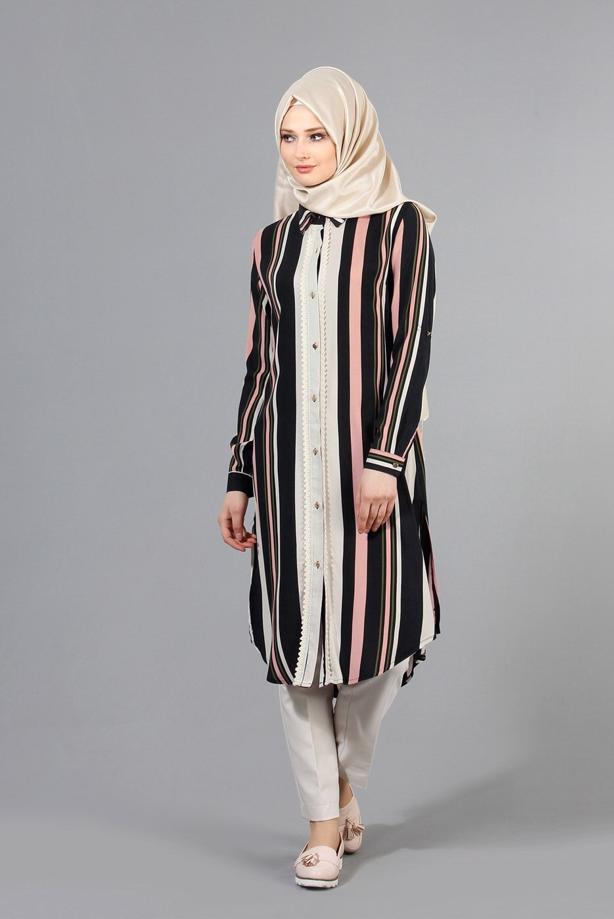 Vêtements hijab  T 4410 Merry Rosa Şeritli Uzun Tunik - TRENDTESETTÜR