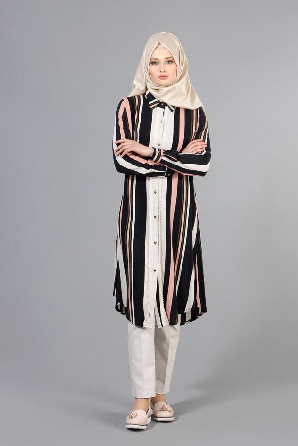 Vêtements hijab  T 4410 Merry Rosa Şeritli Uzun Tunik - TRENDTESETTÜR