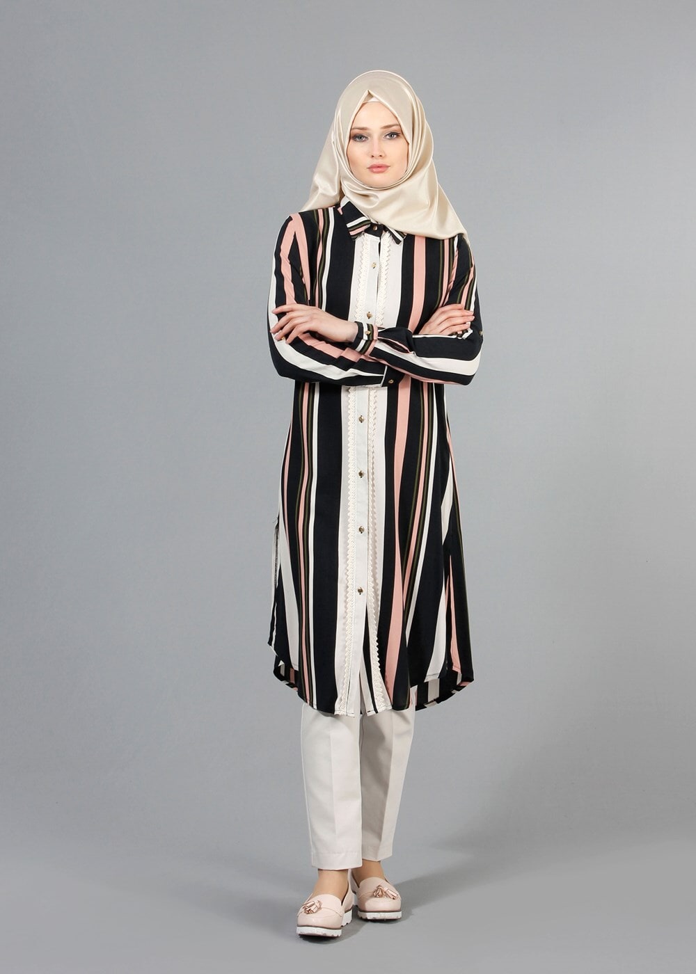 Hijab clothing POWDER T 4410 Merry Rosa Şeritli Uzun Tunik