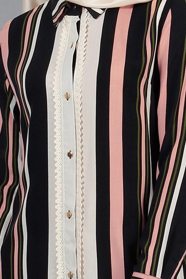 Vêtements hijab  T 4410 Merry Rosa Şeritli Uzun Tunik - TRENDTESETTÜR