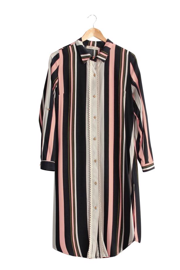 Vêtements hijab  T 4410 Merry Rosa Şeritli Uzun Tunik - TRENDTESETTÜR