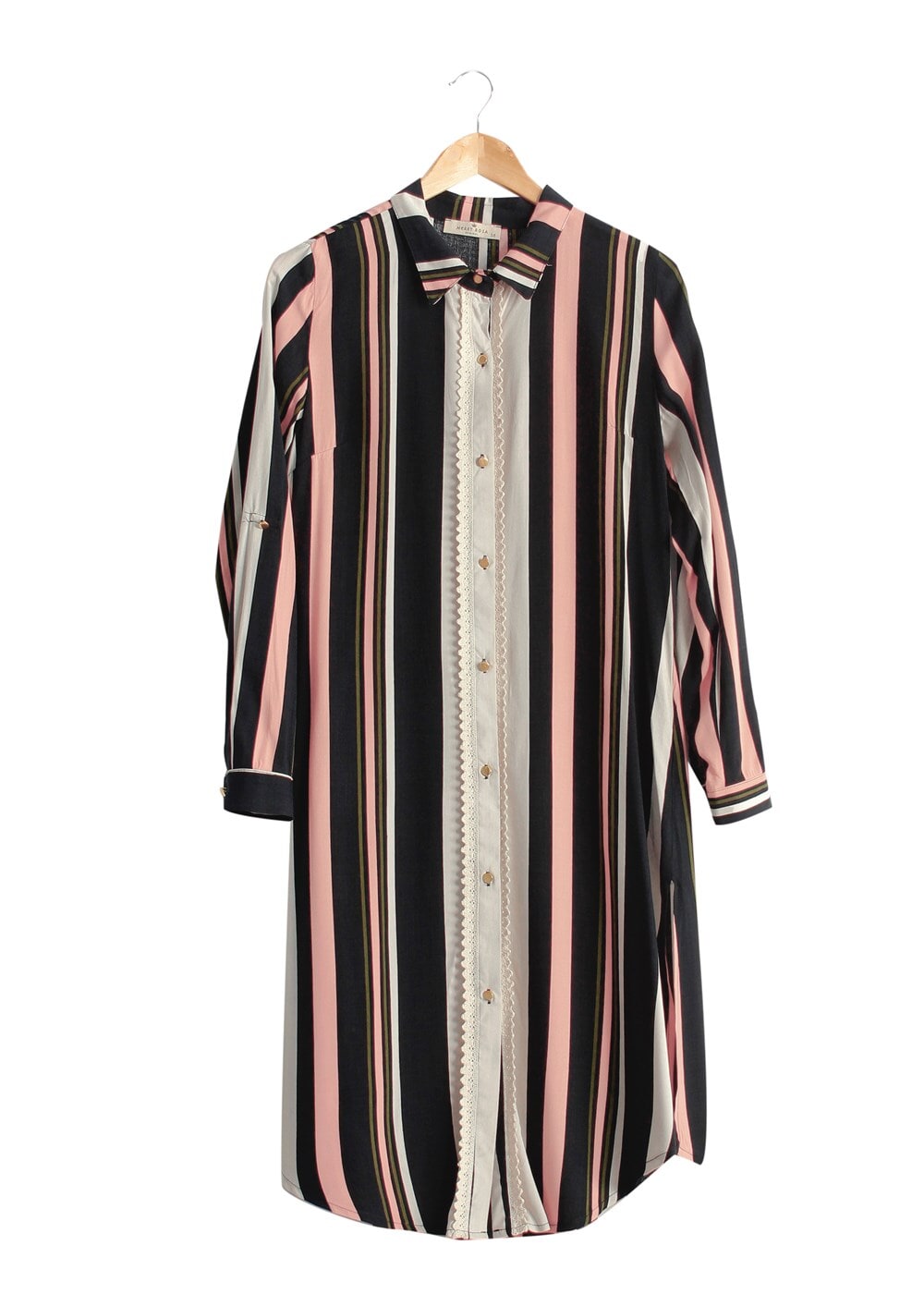 Vêtements hijab POUDRE T 4410 Merry Rosa Şeritli Uzun Tunik