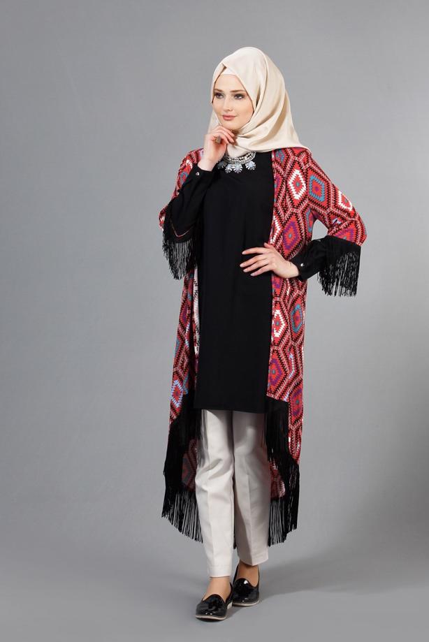 Vêtements hijab  T 4478 Merry Rosa Saçaklı Ceket - TRENDTESETTÜR