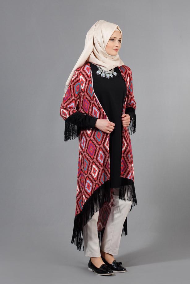 Vêtements hijab  T 4478 Merry Rosa Saçaklı Ceket - TRENDTESETTÜR