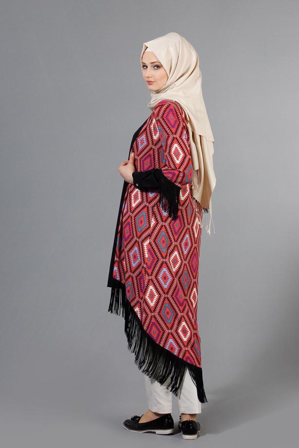 Vêtements hijab  T 4478 Merry Rosa Saçaklı Ceket - TRENDTESETTÜR