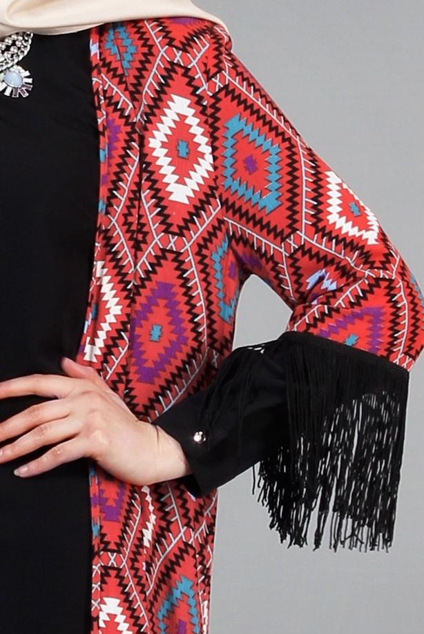 Vêtements hijab  T 4478 Merry Rosa Saçaklı Ceket - TRENDTESETTÜR