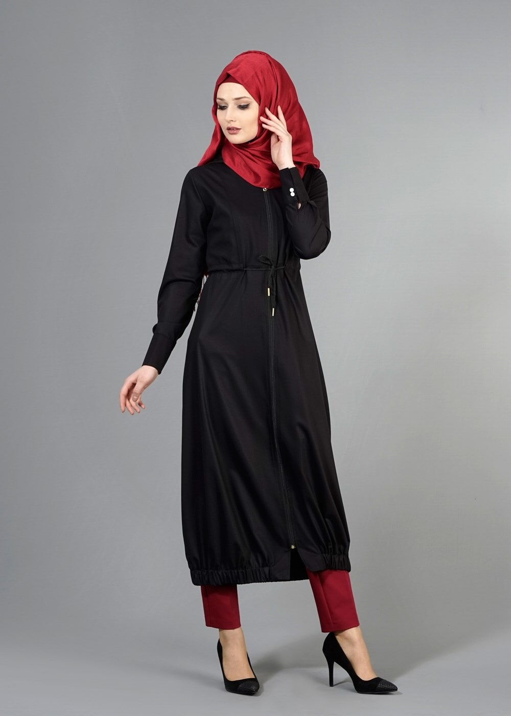 Vêtements hijab NOIR T 266 Mısra Kapşonlu Garnili Tunik