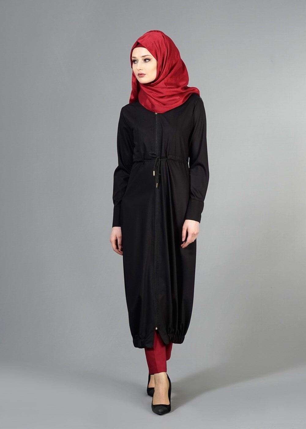 Vêtements hijab NOIR T 266 Mısra Kapşonlu Garnili Tunik