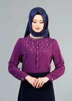 Tesettür giyim MÜRDÜM T 867 Mısra Hakim Yaka İnci Aksesuarlı Bluz