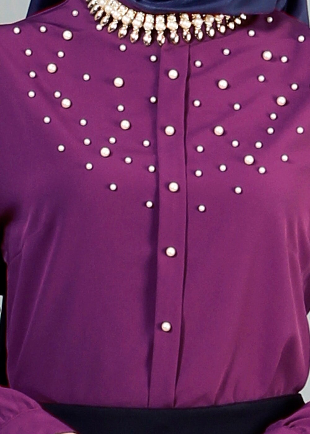 Tesettür giyim MÜRDÜM T 867 Mısra Hakim Yaka İnci Aksesuarlı Bluz