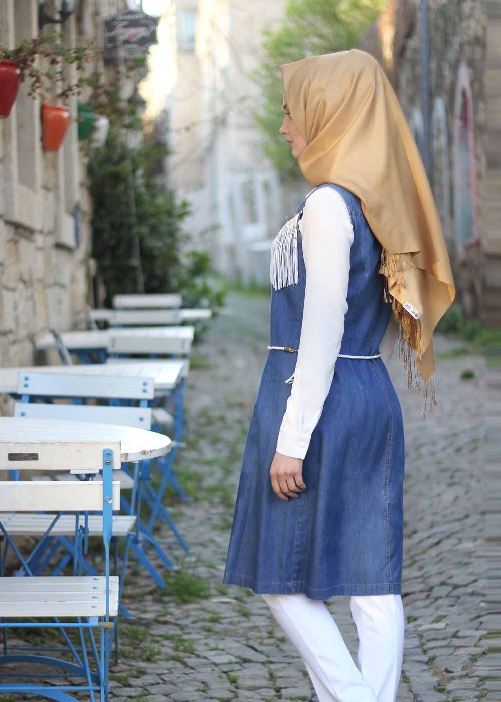 Tesettür giyim LACİVERT T 999 Mısra Püsküllü Kot Yelek