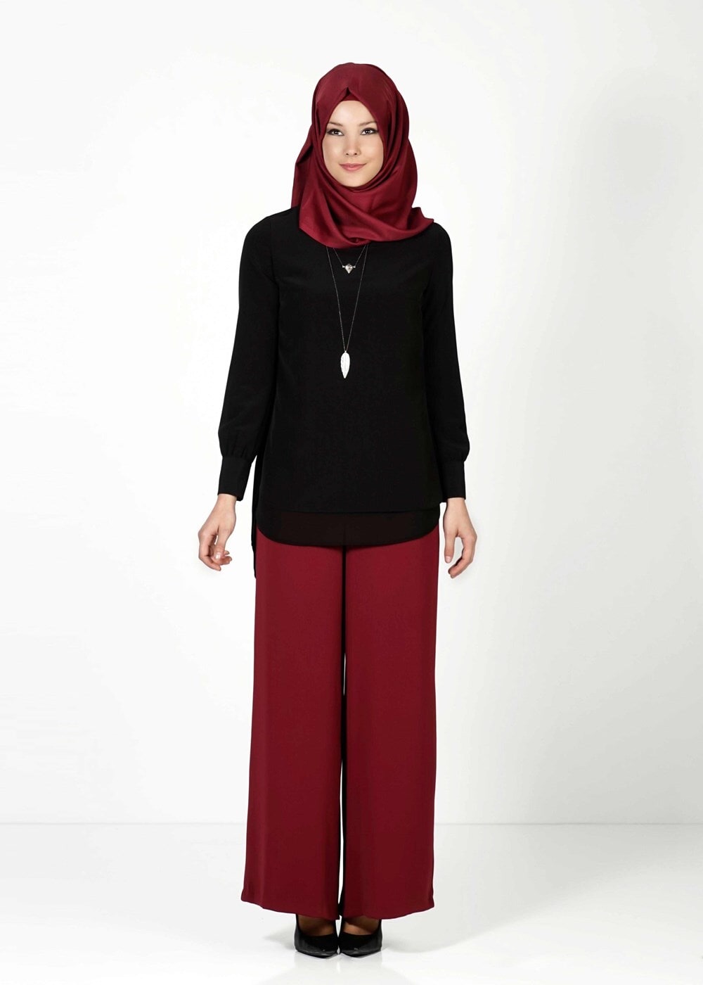 Tesettür giyim BORDO T 4422 Mısra Yüksek Bel Bol Paça Pantolon
