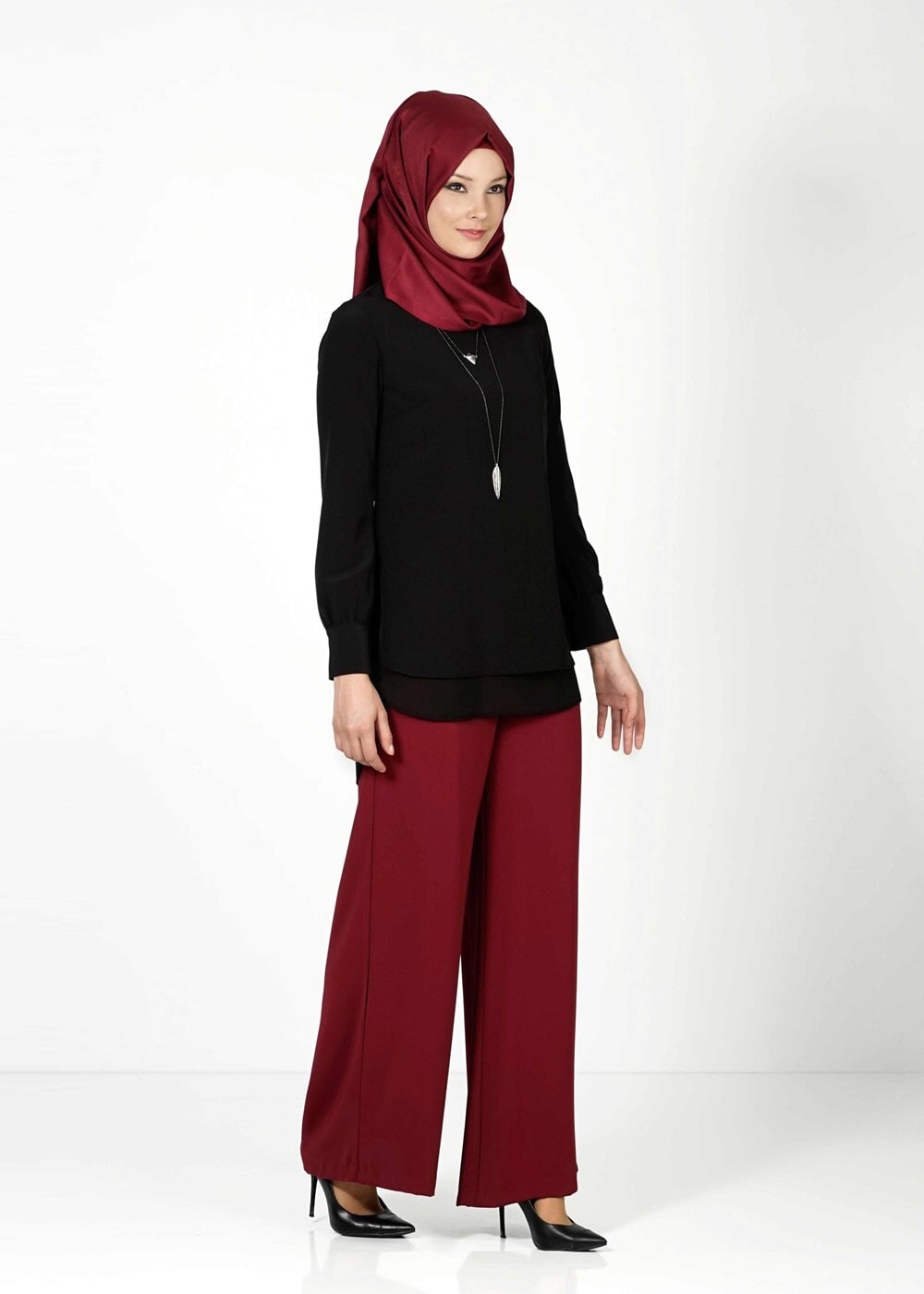 Tesettür giyim BORDO T 4422 Mısra Yüksek Bel Bol Paça Pantolon