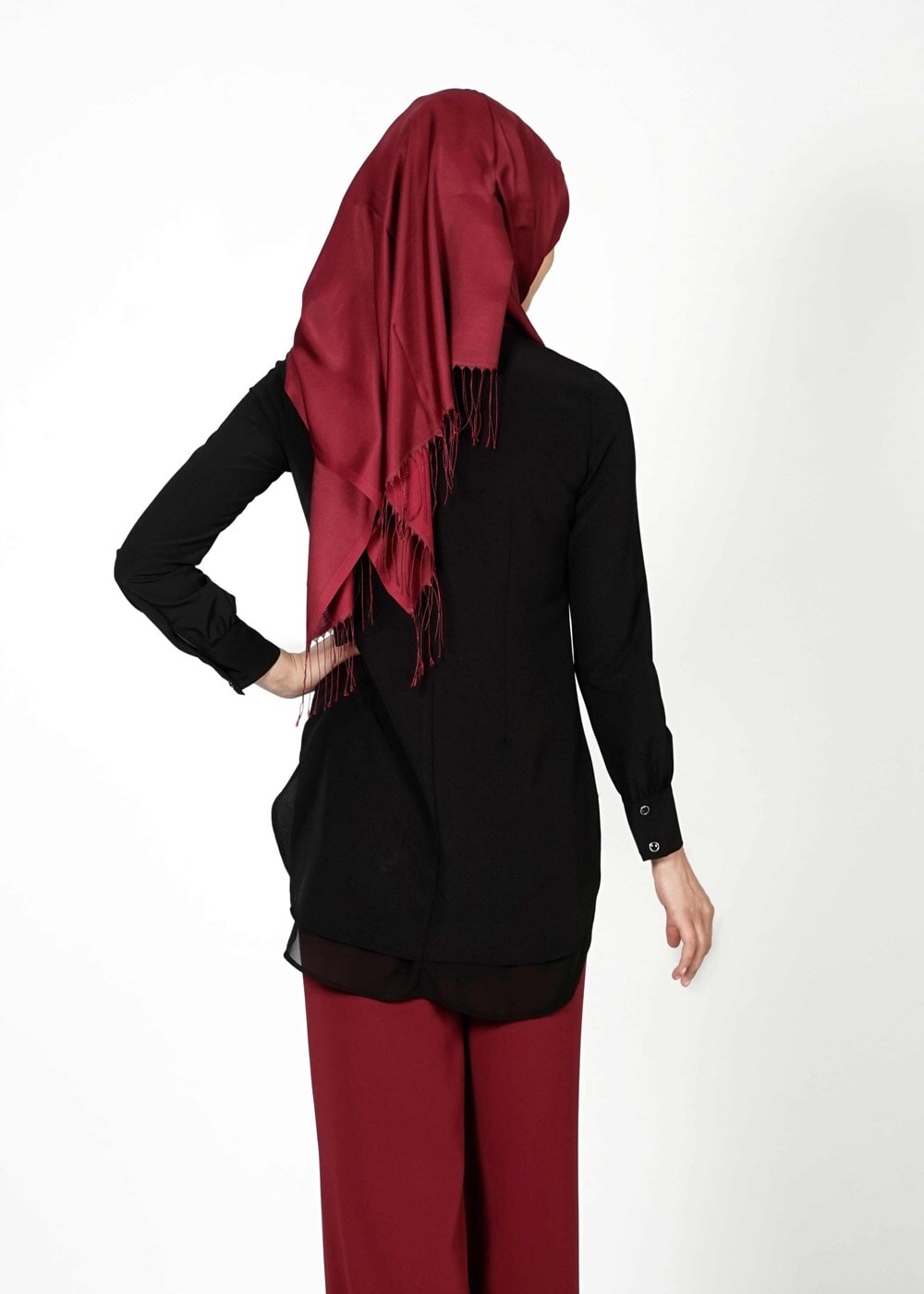 Tesettür giyim BORDO T 4422 Mısra Yüksek Bel Bol Paça Pantolon