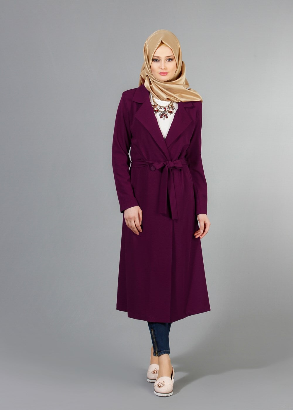 Tesettür giyim MÜRDÜM T 6605 Mısra Çift Düğmeli Uzun Trench