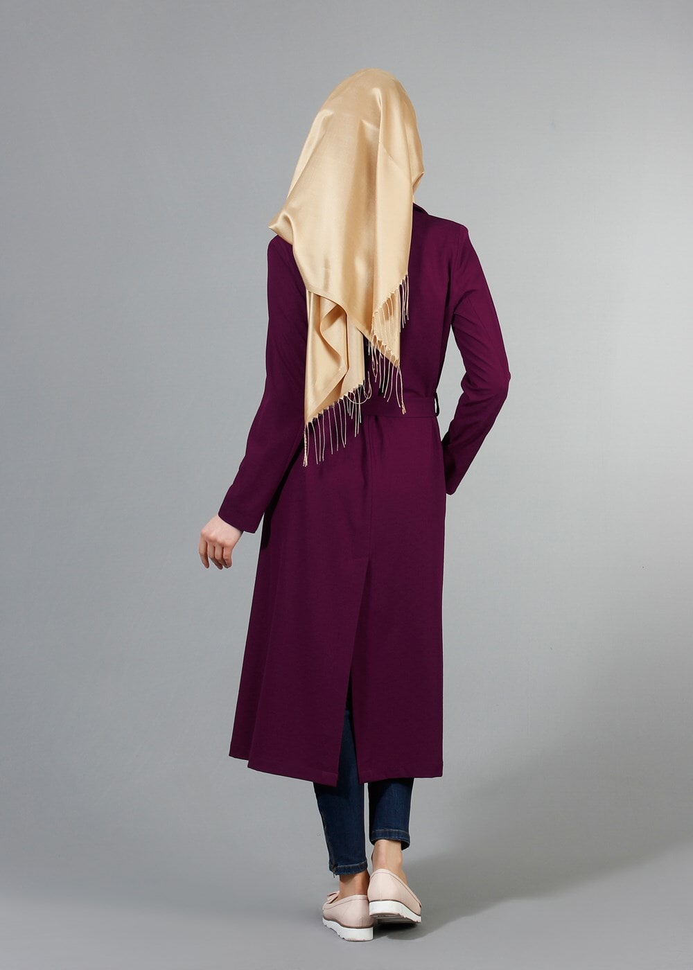 Tesettür giyim MÜRDÜM T 6605 Mısra Çift Düğmeli Uzun Trench