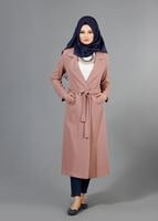 Tesettür giyim PEMBE T 6605 Mısra Çift Düğmeli Uzun Trench