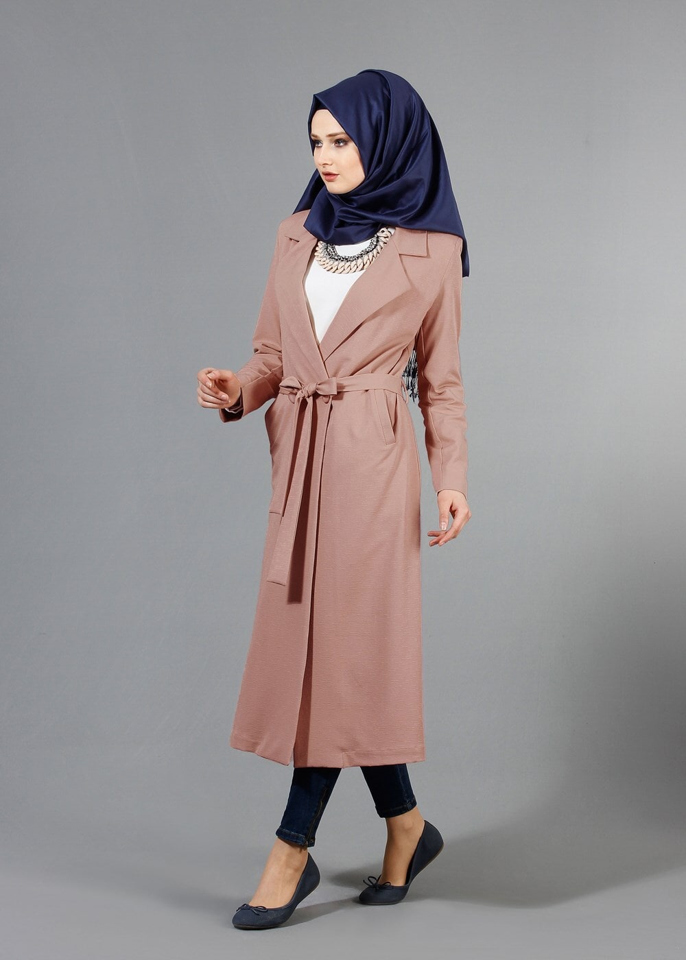 Tesettür giyim PEMBE T 6605 Mısra Çift Düğmeli Uzun Trench