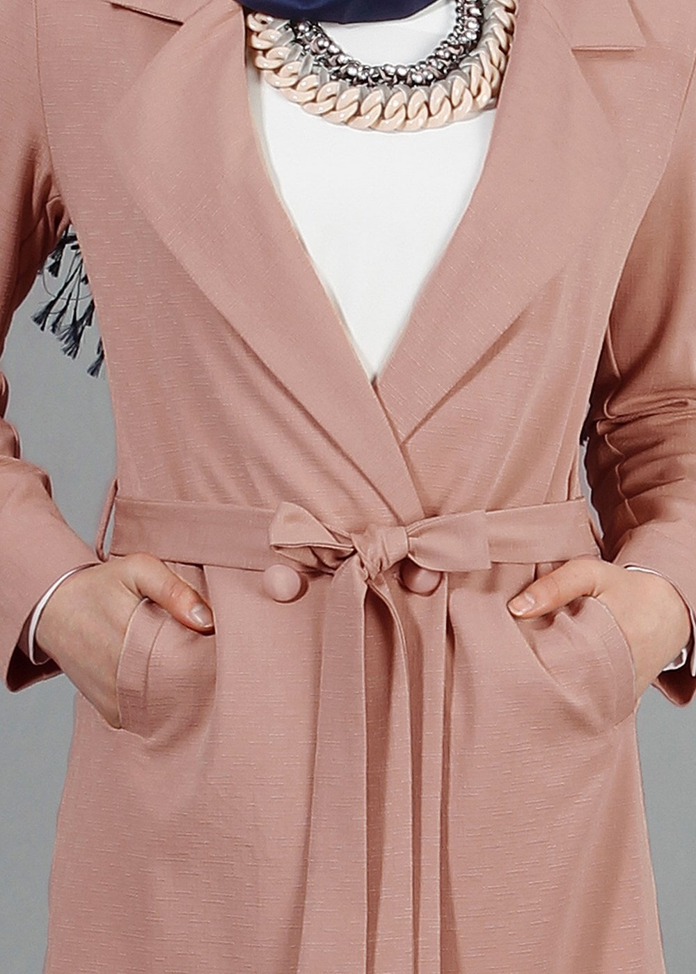 Tesettür giyim PEMBE T 6605 Mısra Çift Düğmeli Uzun Trench