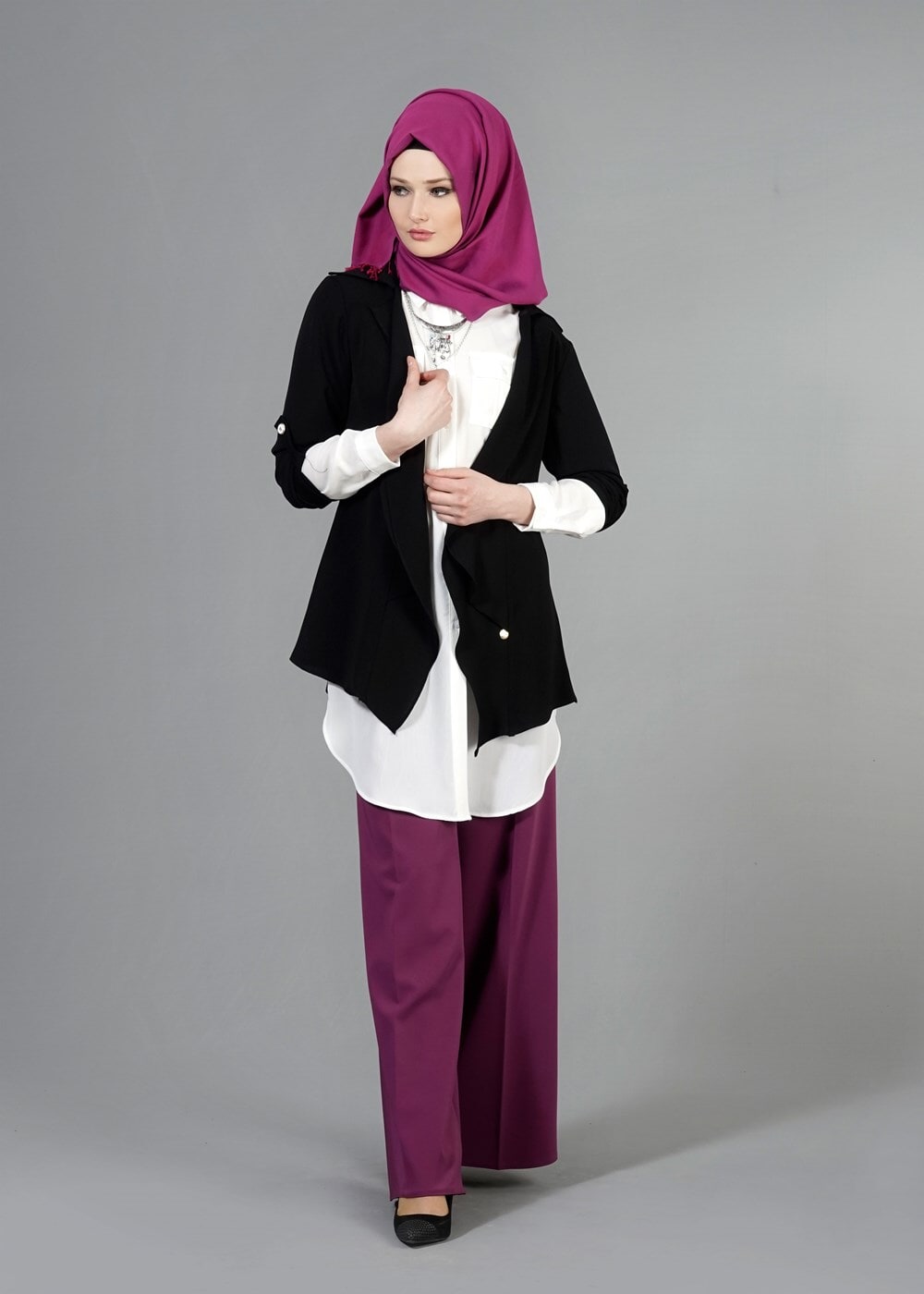 Tesettür giyim SİYAH T 6670 Mısra Çift Volanlı Ceket