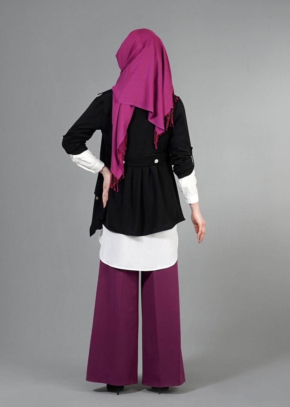 Tesettür giyim SİYAH T 6670 Mısra Çift Volanlı Ceket