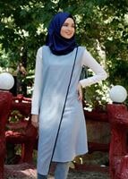 Tesettür giyim MAVİ T 7475 Mısra Biyeli Kolsuz Yelek